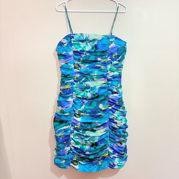 Calvin Klein Vibrant Blue & Green Watercolour Ruched Cotton Dress - Picture 1 of 16